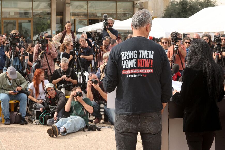 Relatives of Israeli hostages in the Gaza Strip address the media in Tel Aviv