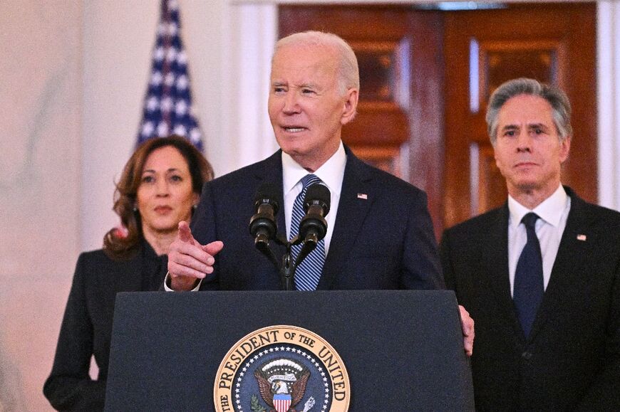 US President Joe Biden, alongside Vice President Kamala Harris (L) and Secretary of State Antony Blinken (R), speaks about the Israel-Hamas ceasefire and hostage release deal at the White House on January 15, 2025