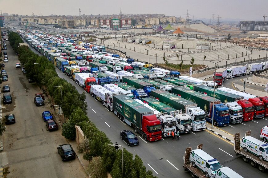 An aid convoy destined for Gaza assembles in the southern outskirts of the Egyptian capital Cairo.