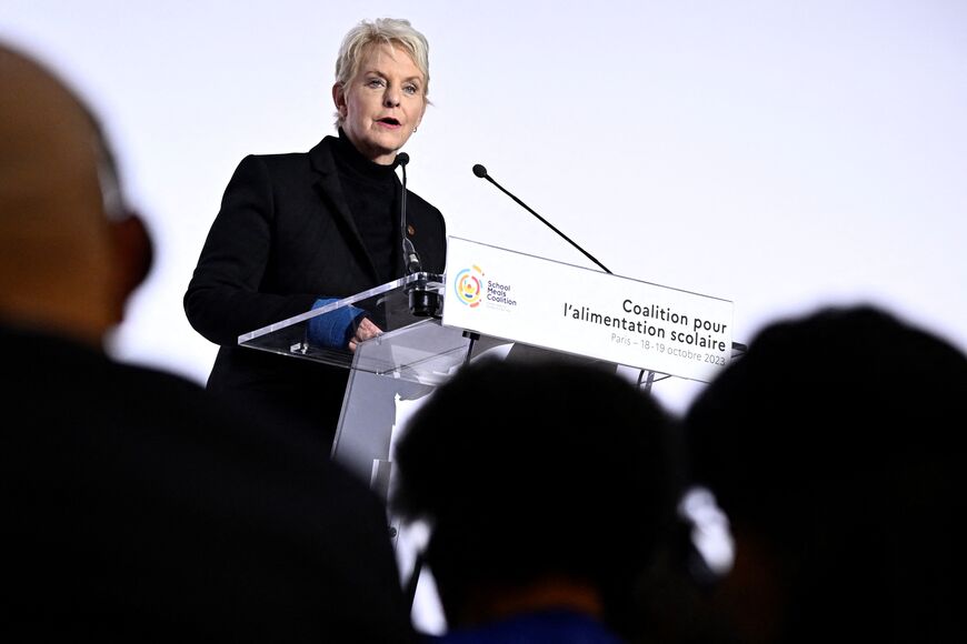 Executive Director of the World Food Programme Cindy McCain delivers a speech at the first meeting of the Global School Meals Coalition in Paris on October 18, 2023. The Global School Meals Coalition launched by the World Food Programme (WFP) aims to offer every child in the world access to the necessary school meals. (Photo by JULIEN DE ROSA / POOL / AFP) (Photo by JULIEN DE ROSA/POOL/AFP via Getty Images)