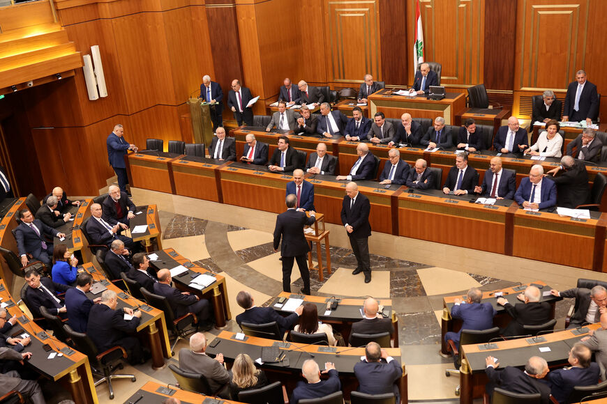 Lebanese lawmakers attend a parliamentary session to elect a president, in Beirut, on January 9, 2025. Lebanese army chief Joseph Aoun, the frontrunner in today's vote for president, is seen as a man of integrity best placed to maintain a fragile ceasefire and pull the country out of financial collapse. (Photo by ANWAR AMRO / AFP) (Photo by ANWAR AMRO/AFP via Getty Images)