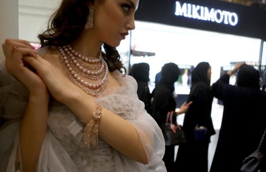 A model poses during the Doha Jewellery and watches exhibitions in the Qatari capital on Feb. 23, 2018.  (PATRICK BAZ/AFP via Getty Images)