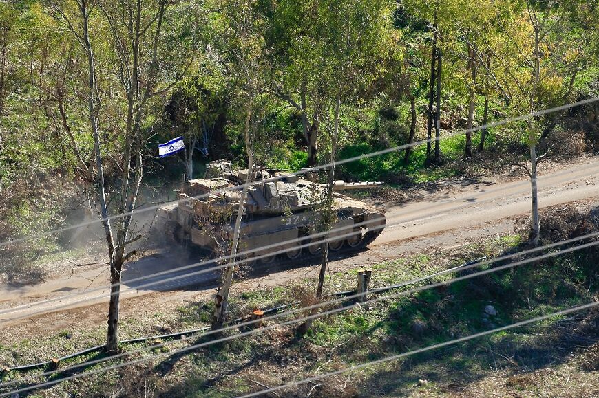 An Israeli army tank on the outskirts of the border village of Mais al-Jabal in south Lebanon