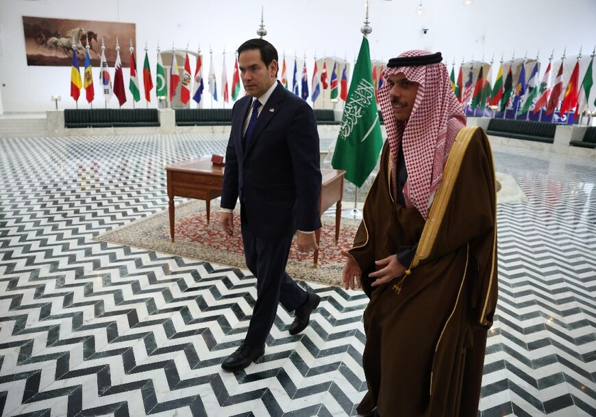 Saudi Arabia's Foreign Minister Prince Faisal bin Farhan receives US Secretary of State Marco Rubio at the Saudi Foreign Ministry headquarters in Riyadh