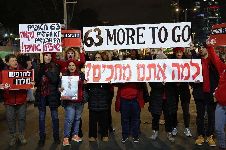 Demonstrators in Tel Aviv protest for the release of all remaining hostages held captive in Gaza, after militants freed several more as part of a ceasefire deal