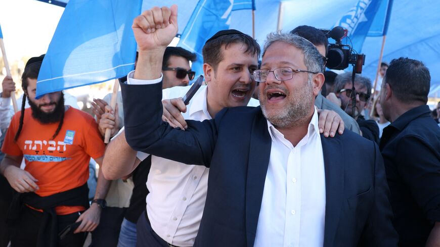 Israeli far-right minister Itamar Ben Gvir attends a gathering by right-wing activists near the border with Gaza on October 21, 2024, calling to establish a new Jewish settlement in the Gaza Strip, during the holiday of Sukkot, or the Feast of the Tabernacles, amid the ongoing war in the Palestinian territory between Israel and Hamas. 