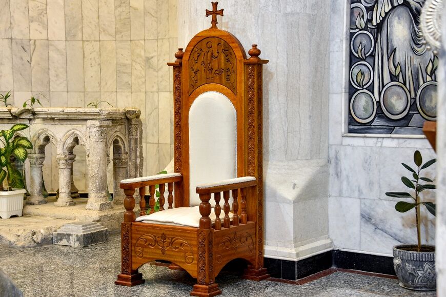 A throne used by Pope Francis during his March 2021 tour of Iraq is pictured at the Syriac Catholic Church of the Immaculate Conception in Iraq's predominantly Christian town of Qaraqosh, Nineveh province