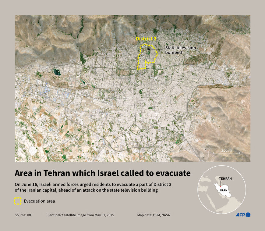 Infographic with a satellite image of the Iranian capital, Tehran, locating the zone which the Israeli armed forces urged residents to leave on June 16 and the location of the state television (Graphic by Guillermo RIVAS PACHECO and Paz PIZARRO / AFP) (Graphic by GUILLERMO RIVAS PACHECO,PAZ PIZARRO/AFP via Getty Images)