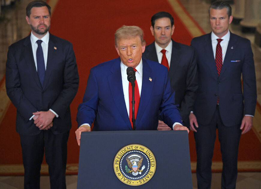 US President Donald Trump addresses the nation, alongside US Vice President JD Vance (L), US Secretary of State Marco Rubio (2nd R) and US Secretary of Defense Pete Hegseth (R), from the White House in Washington, DC on June 21, 2025, following the announcement that the US bombed nuclear sites in Iran. President Donald Trump said June 21, 2025 the US military has carried out a "very successful attack" on three Iranian nuclear sites, including the underground uranium enrichment facility at Fordo. "We have co