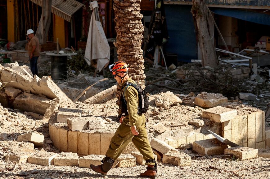 Rubble in a residential area of the port city of Haifa on Sunday 