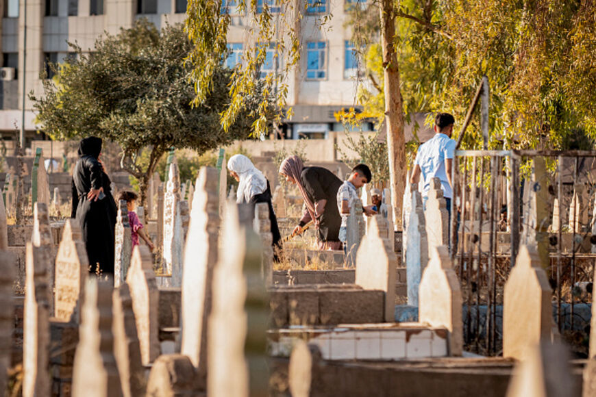  As part of an enduring cultural and Islamic tradition, local residents visit the graves of their loved ones at the Sayid Ma'roof cemetery in Erbil, Iraq, on Thursday June 5, 2025. People recite Quranic verses and offer prayers for the deceased especially on Thursdays, maintaining a spiritual connection with their ancestors and honoring the memory of the departed. (Photo by Omar Karim / Middle East Images via AFP) (Photo by OMAR KARIM/Middle East Images/AFP via Getty Images)