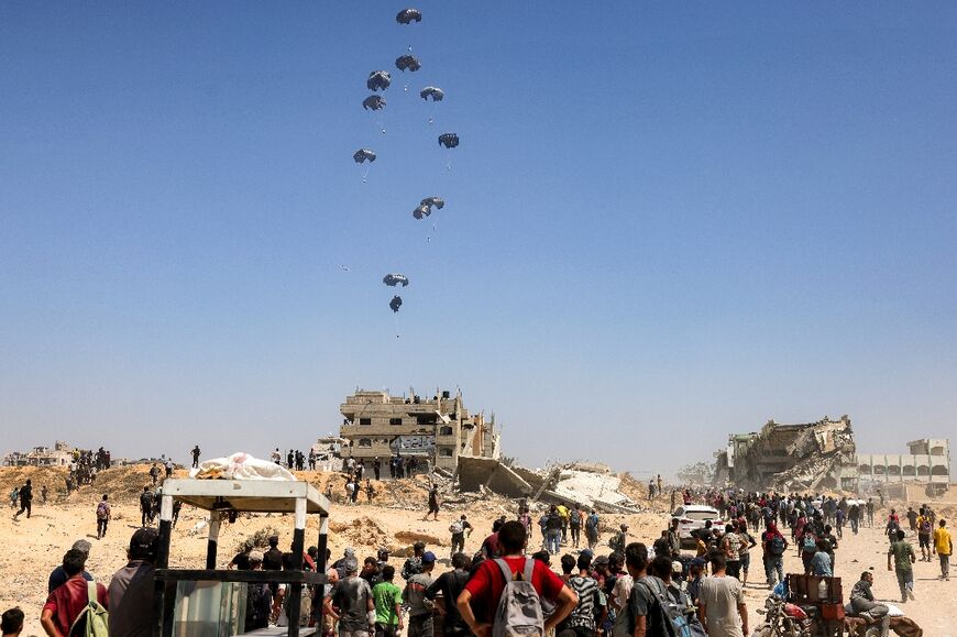 Military aircraft from Jordan have begun air dopping pallets of supplies over Gaza but aid agencies warn that up to 600 trucks per day will be needed to stave off famine