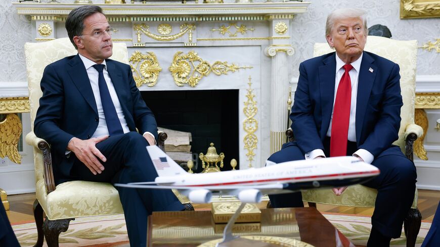 .S. President Donald Trump meets with NATO Secretary General Mark Rutte (L) in the Oval Office at the White House on July 14, 2025 in Washington, DC. 
