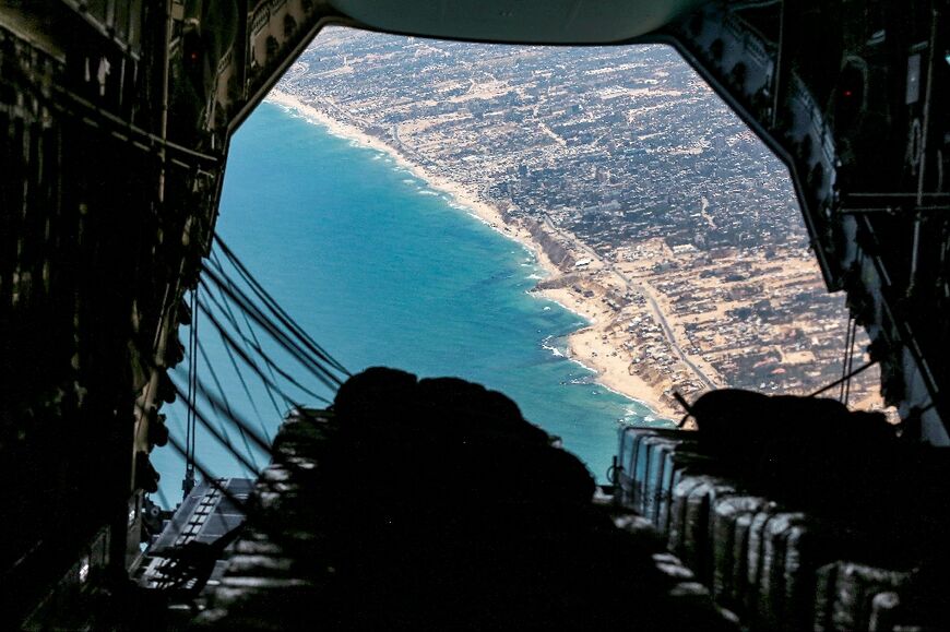 A view of Gaza's shores from aboard a German Air Force plane parachuting humanitarian aid into the Palestinian territory