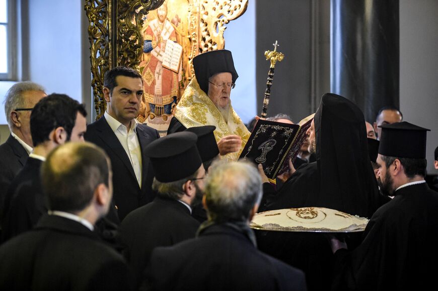 Greek Prime Minister Alexis Tsipras and Greek Orthodox Patriarch Bartolomew I attends a mas at the Agia Triada Church at the Theological School of Halki in Heybeliada Island on February 06, 2019 in Istanbul, Turkey. Tsipras is the first serving Greek prime minister to visit the Halki seminary on the island in 90 years. Halki seminary produced both lay and religious leaders, including Patriarch Bartholomew, before Turkey shut it down in 1971. (Photo by Burak Kara/Getty Images)