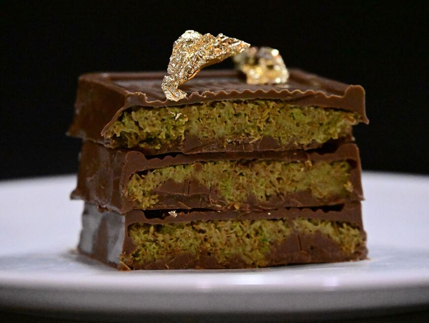 Pieces of Dubai chocolate with gold leaf are pictured at Abu Khaled Sweets oriental pastry shop in Berlin's Wedding district on November 14, 2024.