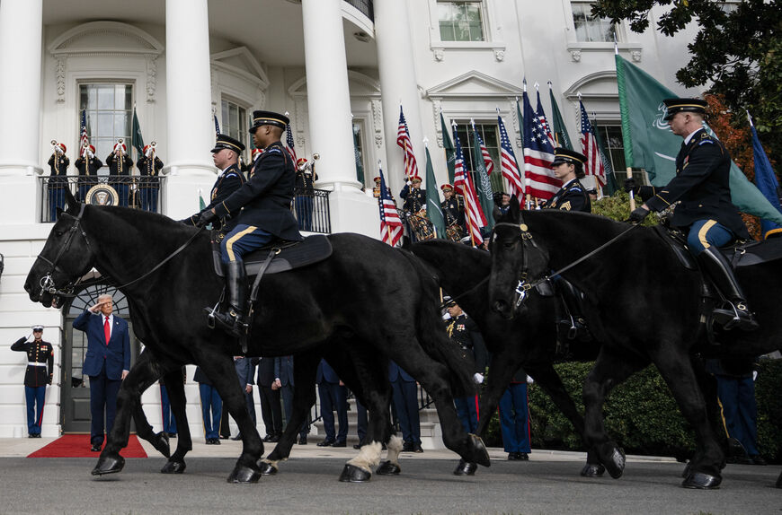 US President Donald Trump salutes the troops as he waits for the arrival of Crown Prince and Prime Minister of the Kingdom of Saudi Arabia Mohammed bin Salman on the South Lawn at the White House in Washington, DC on November 18, 2025. Saudi Crown Prince Mohammed bin Salman arrived at the White House to fanfare and a jet flyover Tuesday, in his first visit to the United States since the 2018 murder of journalist Jamal Khashoggi. (Photo by Brendan SMIALOWSKI / AFP) (Photo by BRENDAN SMIALOWSKI/AFP via Getty 