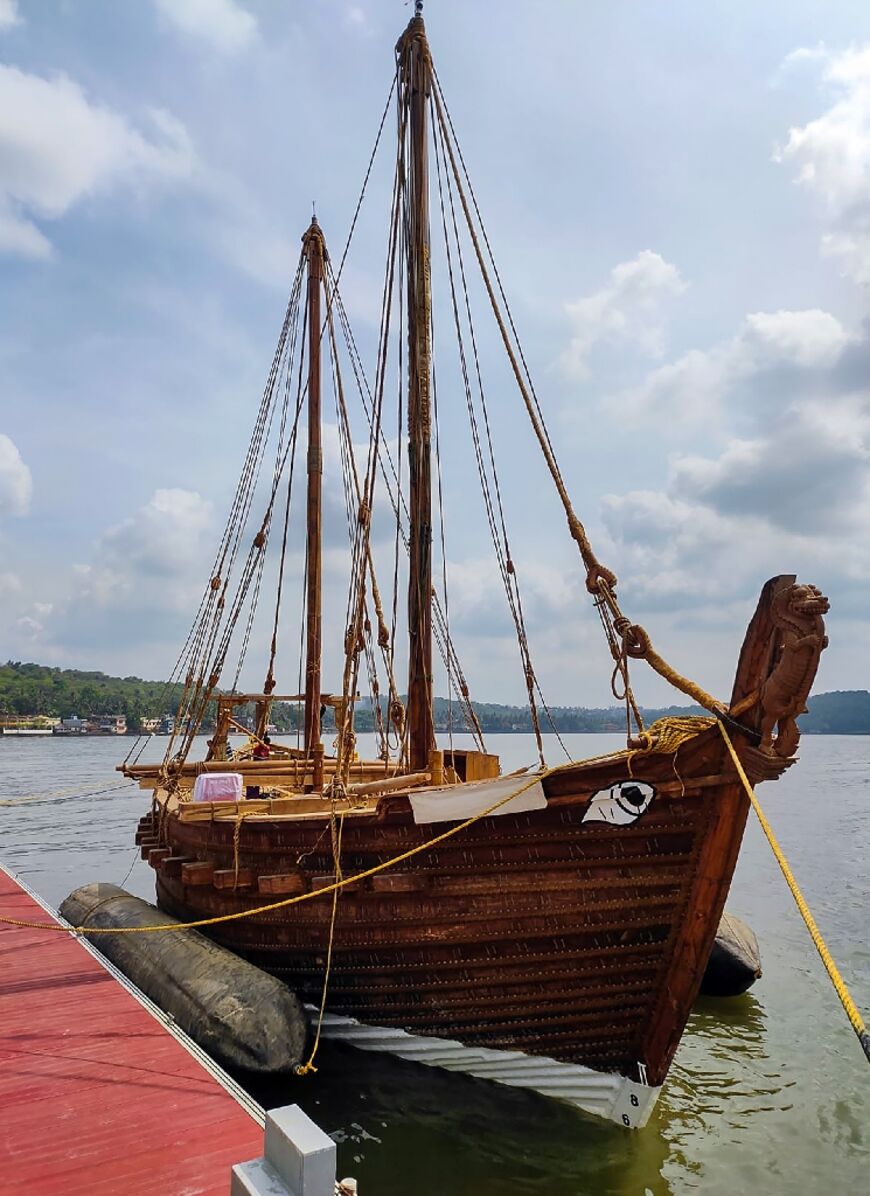 Steered by giant oars rather than a rudder, with two fixed square sails, Kaundinya, heads westward on its maiden voyage to Oman's capital Muscat