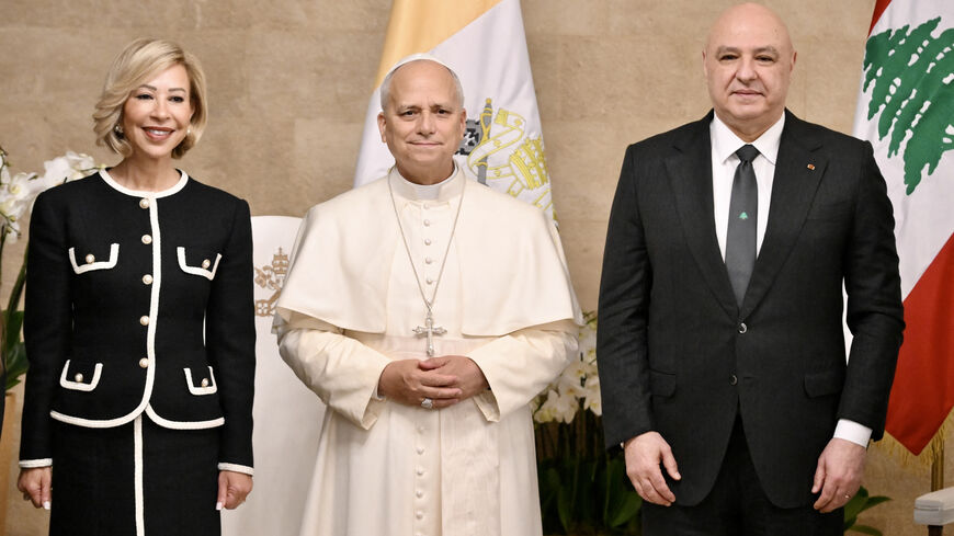 Pope Leo XIV meets with Lebanon's President Joseph Aoun and his wife Nehmat Aoun at the presidential palace in Baabda, east of the capital Beirut, Lebanon, Nov. 30, 2025. 