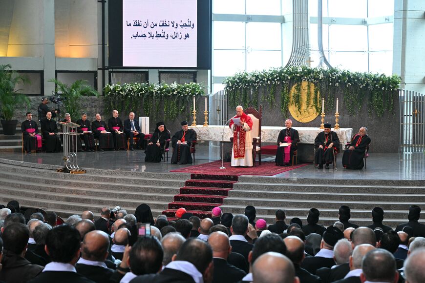 Pope Leo XIV addresses the crowd during a meeting with bishpops, priests consacrated persons and personal workers at the shrine of Our Lady of Lebanon in Harissa, northeast of the capital Beirut, on December 1, 2025. (Photo by Andreas SOLARO / AFP via Getty Images)