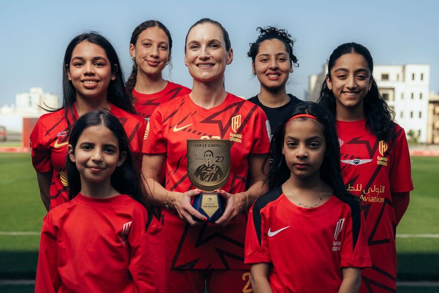 This photo shows the U17 Qadsiah team celebrating senior team player Léa Le Garrec after she was named in the Team of the Season following the conclusion of the Saudi Women’s Premier League on April 26.