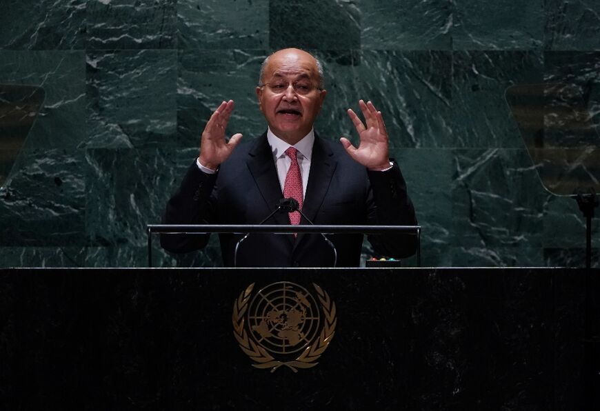 Barham Salih addressing the UN General Assembly in New York in 2021
