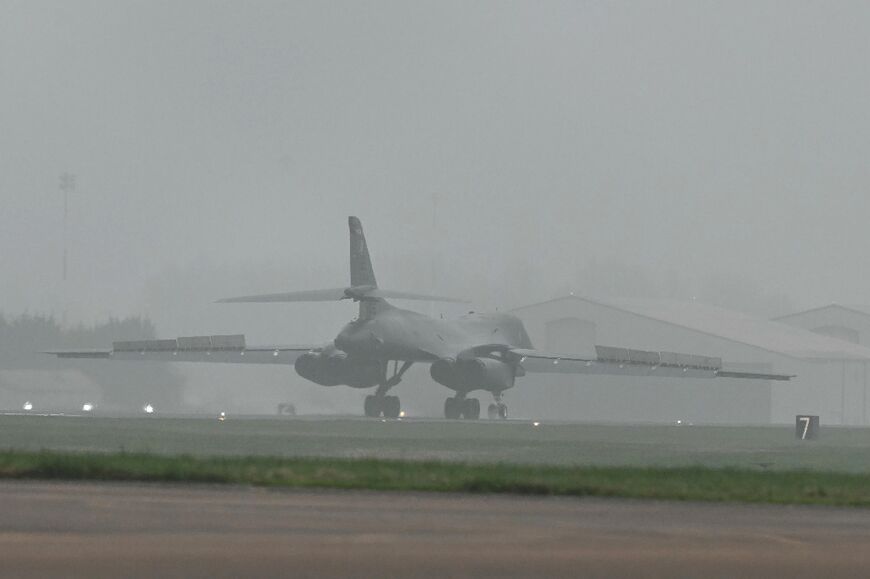 A US Air Force B-1 Lancer bomber lands at RAF Fairford in south west England on March 7, 2026