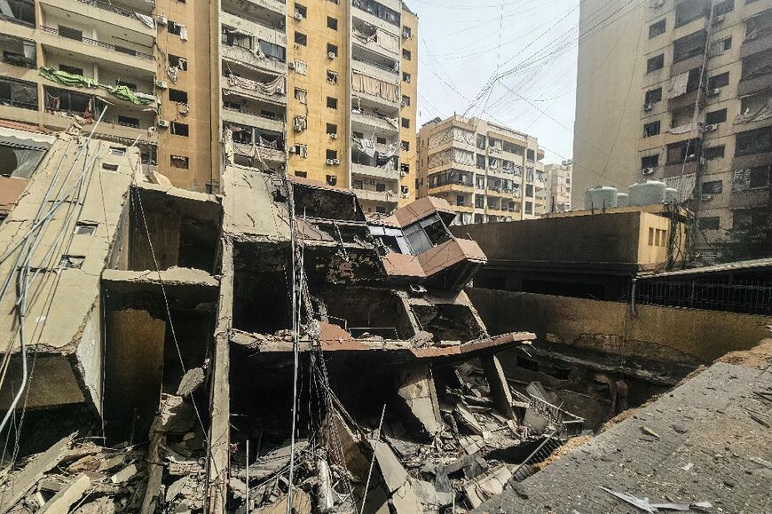 A collapsed building at the site of an Israeli airstrike in the Haret Hreik neighbourhood of Beirut’s southern suburbs
