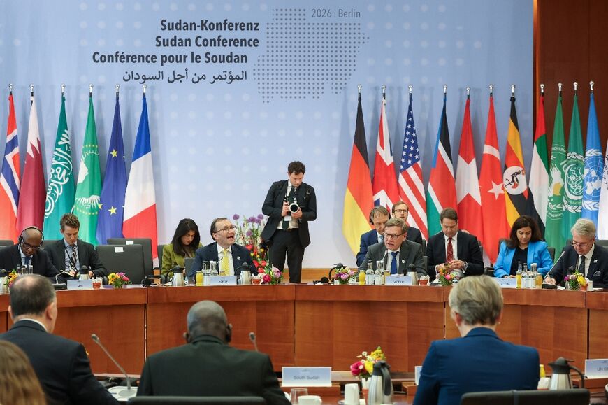 Germany's Foreign Minister Johann Wadephul, fourth from the right, at the third international conference on Sudan, held at the Foreign Office in Berlin