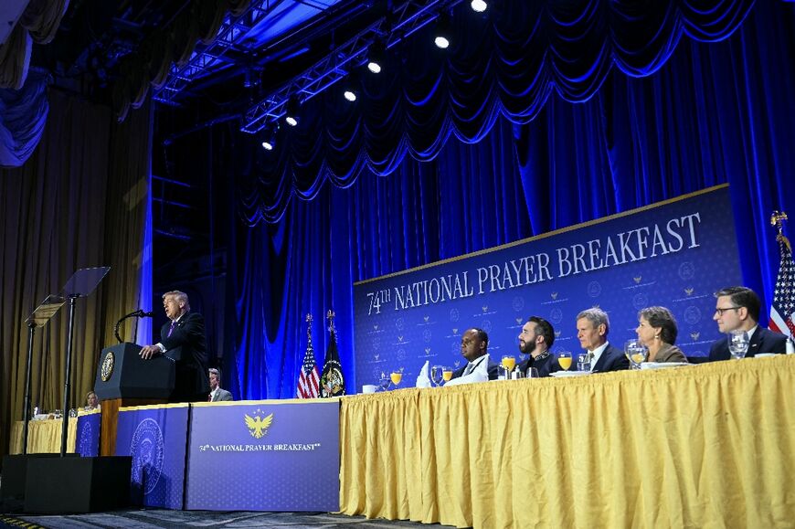 President Donald Trump at a prayer breakfast on Feburary 25, 2026, shortly before launching war on Iran