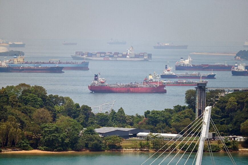 A container ship sails past oil tankers anchored in Singapore