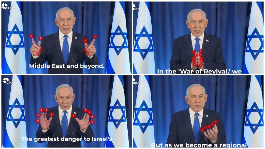 Screenshots of the video of the Israeli prime minister, with the figures added by AFP Factcheck
