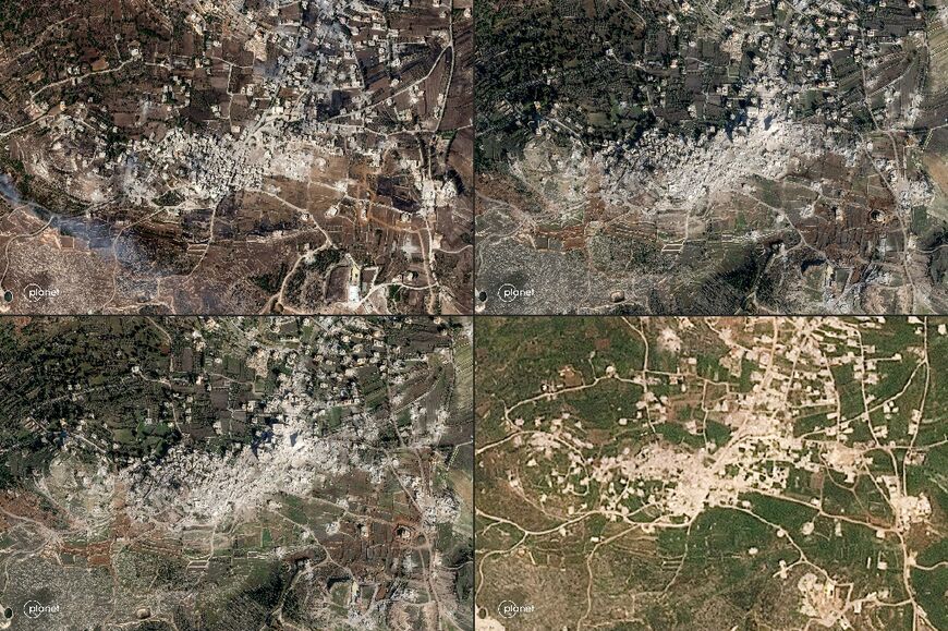 This combination of handout satellite images taken by Planet Labs PBC shows views of the village of Yaroun in southern Lebanon close to the border with Israel on (top L to R followed by bottom L to R) October 5, 2024; January 10, 2025; January 30, 2025; and on May 2, 2026.