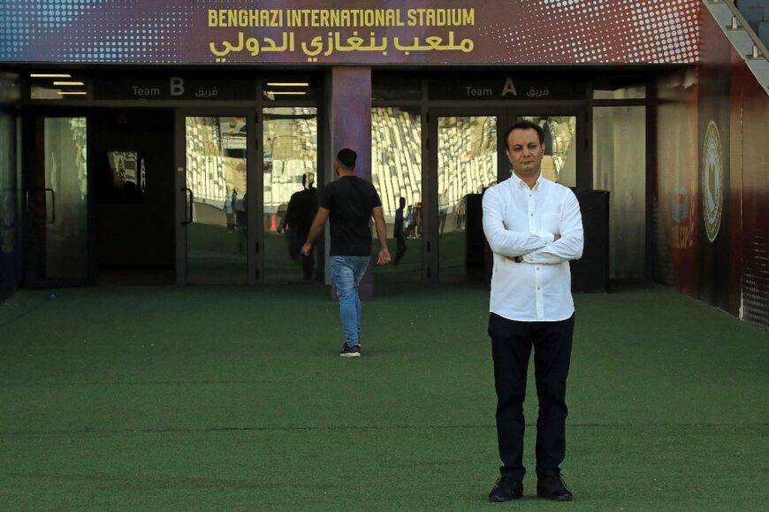 Belgacem (Belgasem) Haftar, Director General of the Libyan Development and Reconstruction Fund (LDRF), stands near one of the doors to the pitch inside Benghazi International Stadium in Benghazi on May 22, 2026