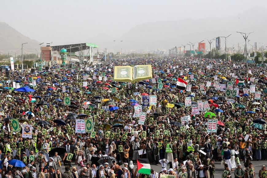 Supporters of the Iran-backed Houthi movement rally in solidarity with Lebanon in Sanaa