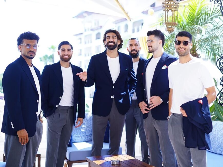 Iranian players (from left to right) Ramin Rezaeian, Alireza Jahanbakhsh, goalkeeper Alireza Beiranvand, Rouzbeh Cheshmi, Saeid Ezatolahi and Mehdi Taremi leaving their Antalya hotel for their flight to Mexico 