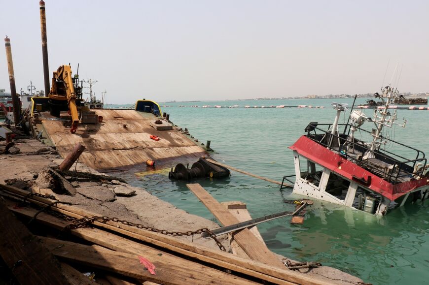 A sunken vessel is on August 10, 2026, in the Port of Mokha the day after an attack by the Houthis on the city Mokha, held by Yemen's internationally recognised, Aden-based government