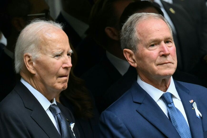Former US presidents Joe Biden (L) and George W. Bush attend the 25th anniversary commemoration of the September 11, 2001 attacks in New York -- and come in for criticism from relatives of the victims