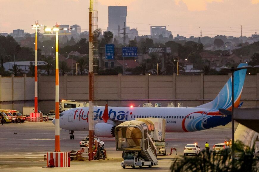 A flydubai Boeing 737 MAX 8 aircraft is pictured on the tarmac after landing at Israel's Ben Gurion Airport on Wednesday