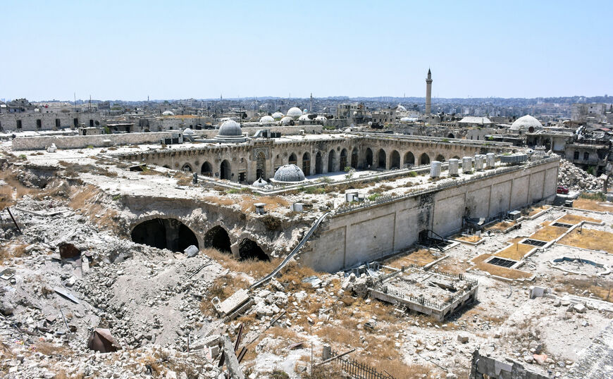 A picture taken on July 22, 2017 in the northern Syrian city of Aleppo, which was recaptured by government forces in December 2016, shows a general view of the destruction at the site of the ancient Great Umayyad Mosque in the old city. (Photo by George OURFALIAN / AFP) (Photo by GEORGE OURFALIAN/AFP via Getty Images)